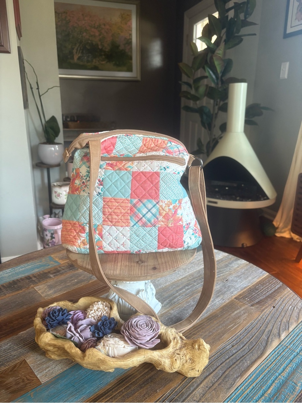 Donna Sharp Ky Original Patchwork Quilted Crossbody Shoulder Bag Coral Aqua flor